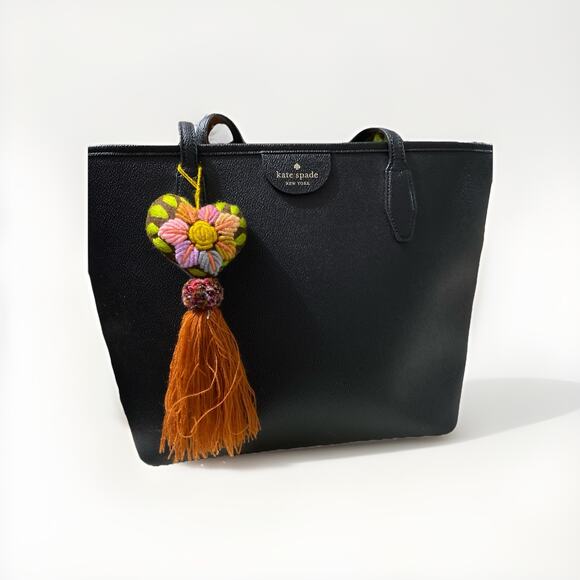 Handmade Mexican Purse Charm Heart Flower Tassel Boho Folk Art Bag Accessory Gif - Picture 1 of 2